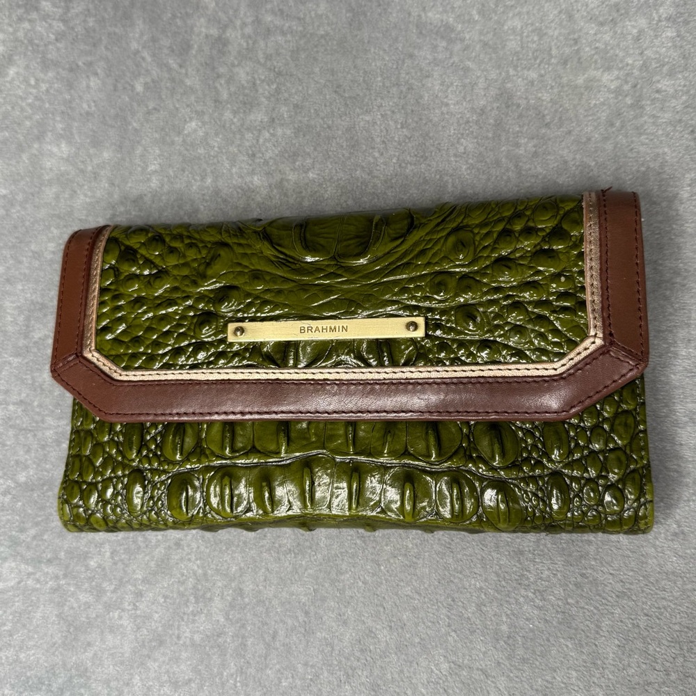 Brahmin Soft Checkbook Embossed Leather Wallet, Green/ Brown